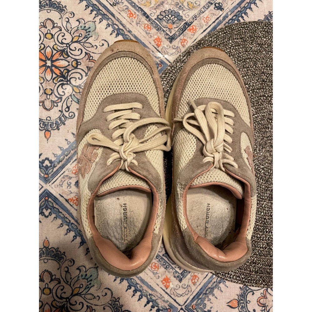 Tory Burch Good Luck Trainer Sneakers Cream Tan Suede Mesh Womens 8M - Picture 5 of 7